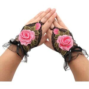 Women's A-A-Black Pink Rose Flowers Embroidered Lace Gloves Cocktail Costumes